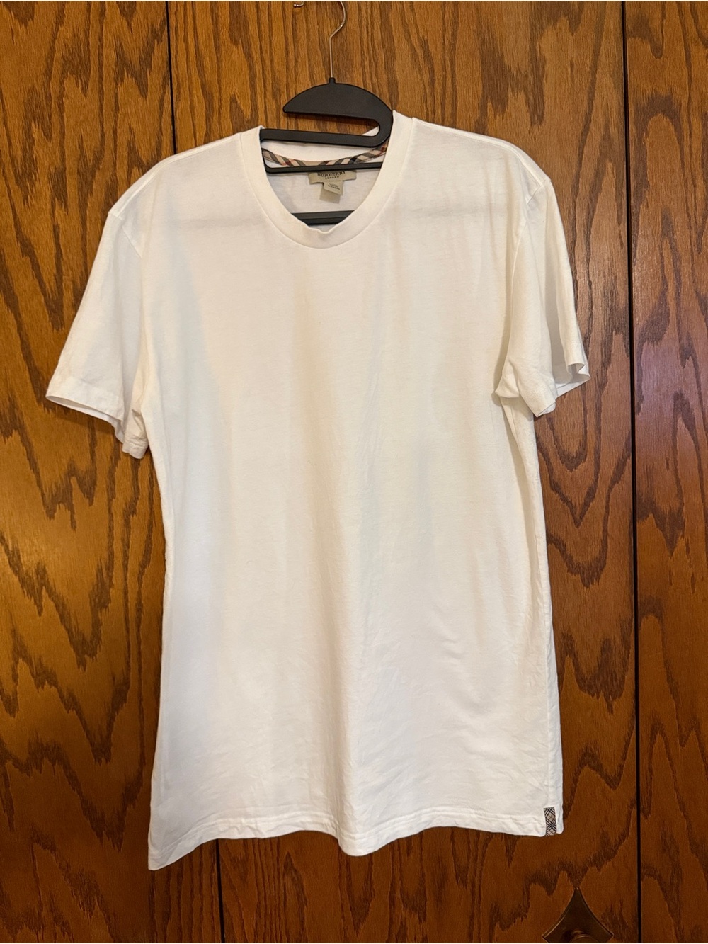 Burberry London Vintage White Cotton T-Shirt L Plaid Check Trim